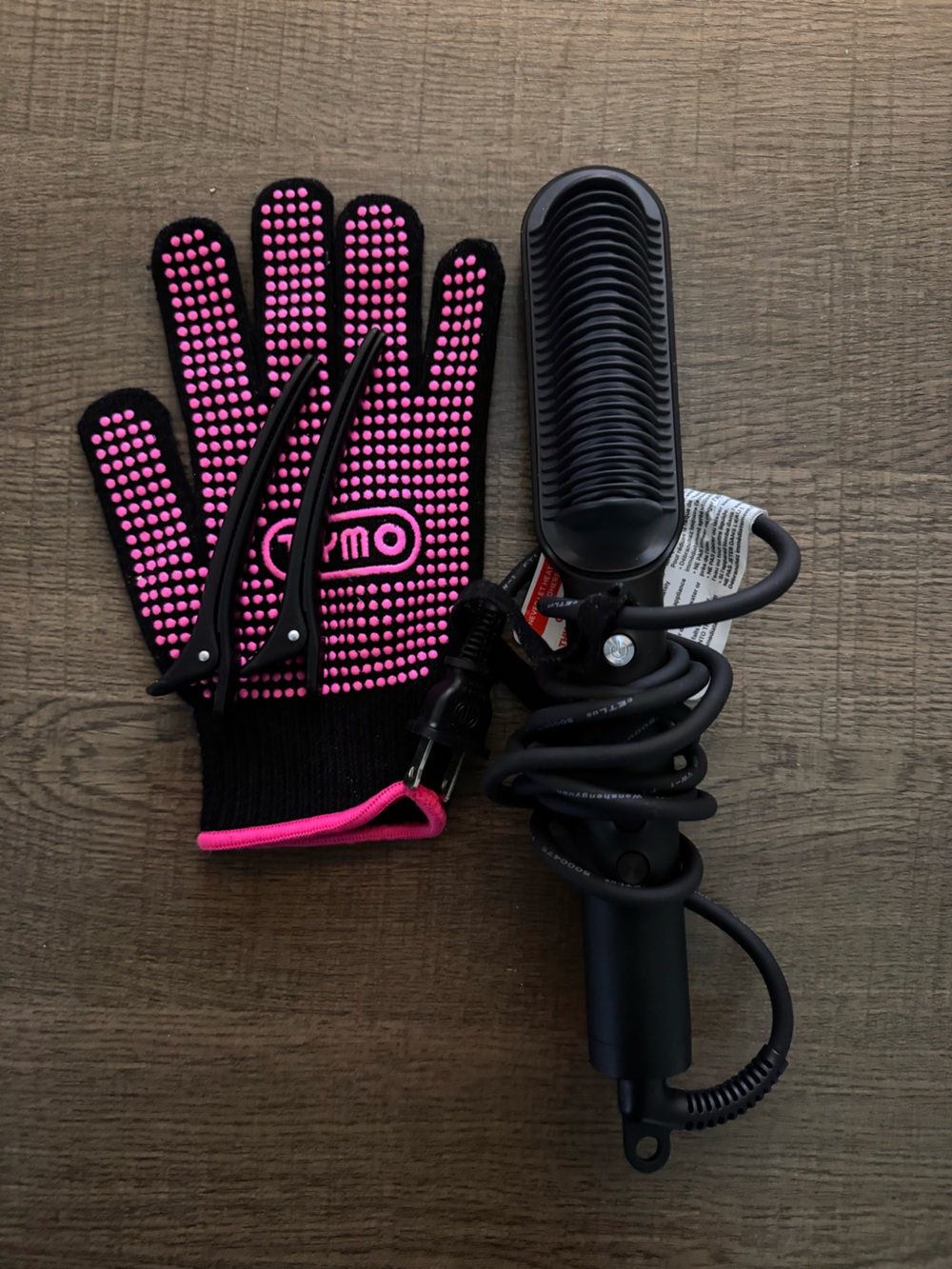 TYMO Heated Hair Straightening Brush Comb Pink Black + Glove Clips